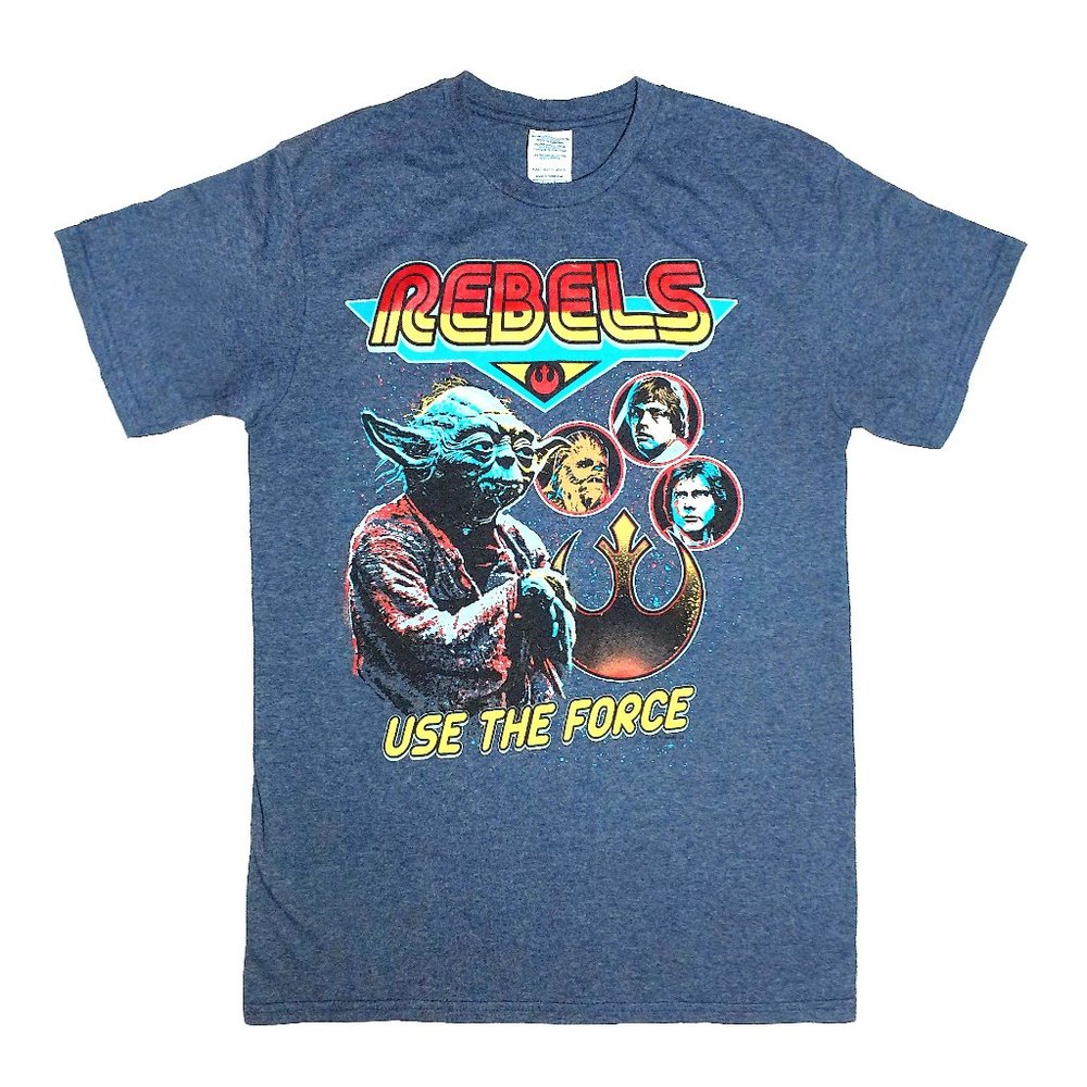 Star Wars Rebel Alliance 'USE THE FORCE' Yoda Luke Retro Blue Graphic Tee Sz S